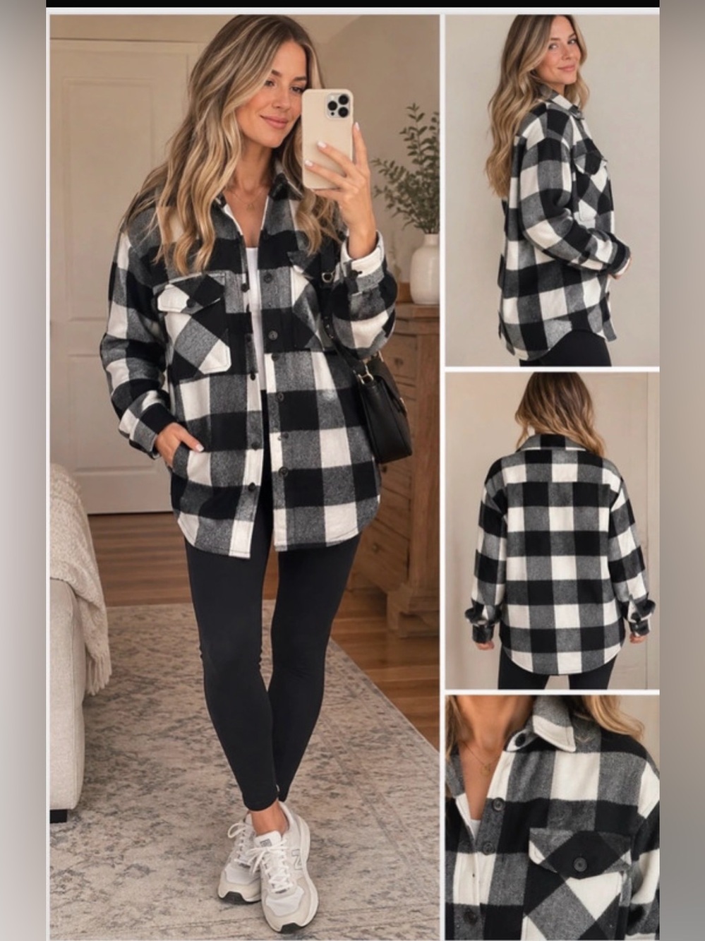 SO Black and White Buffalo Plaid Button-Front Shacket
